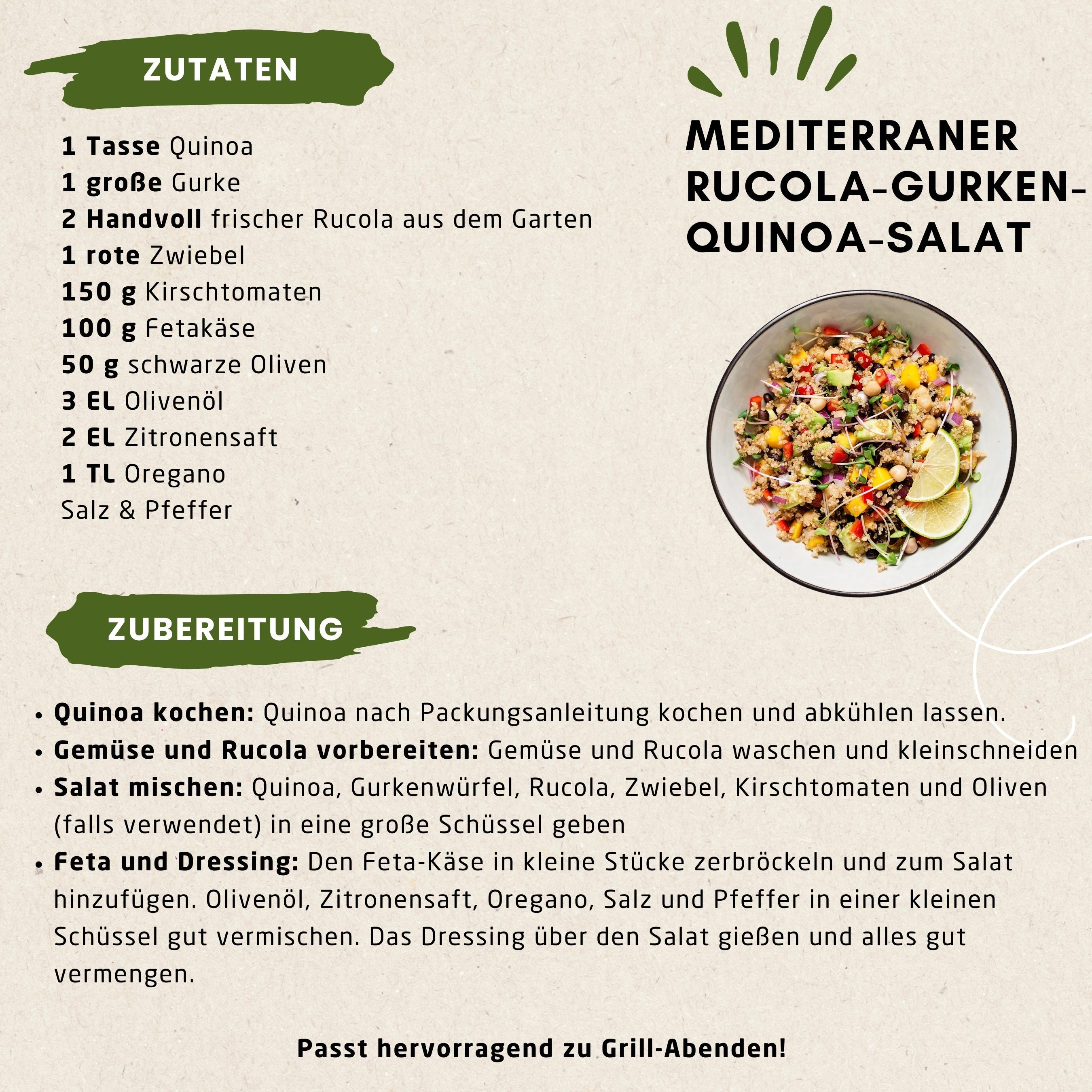 Perfekt für Grill-Abende: Mediterraner Rucola-Gurken-Quinoa Salat