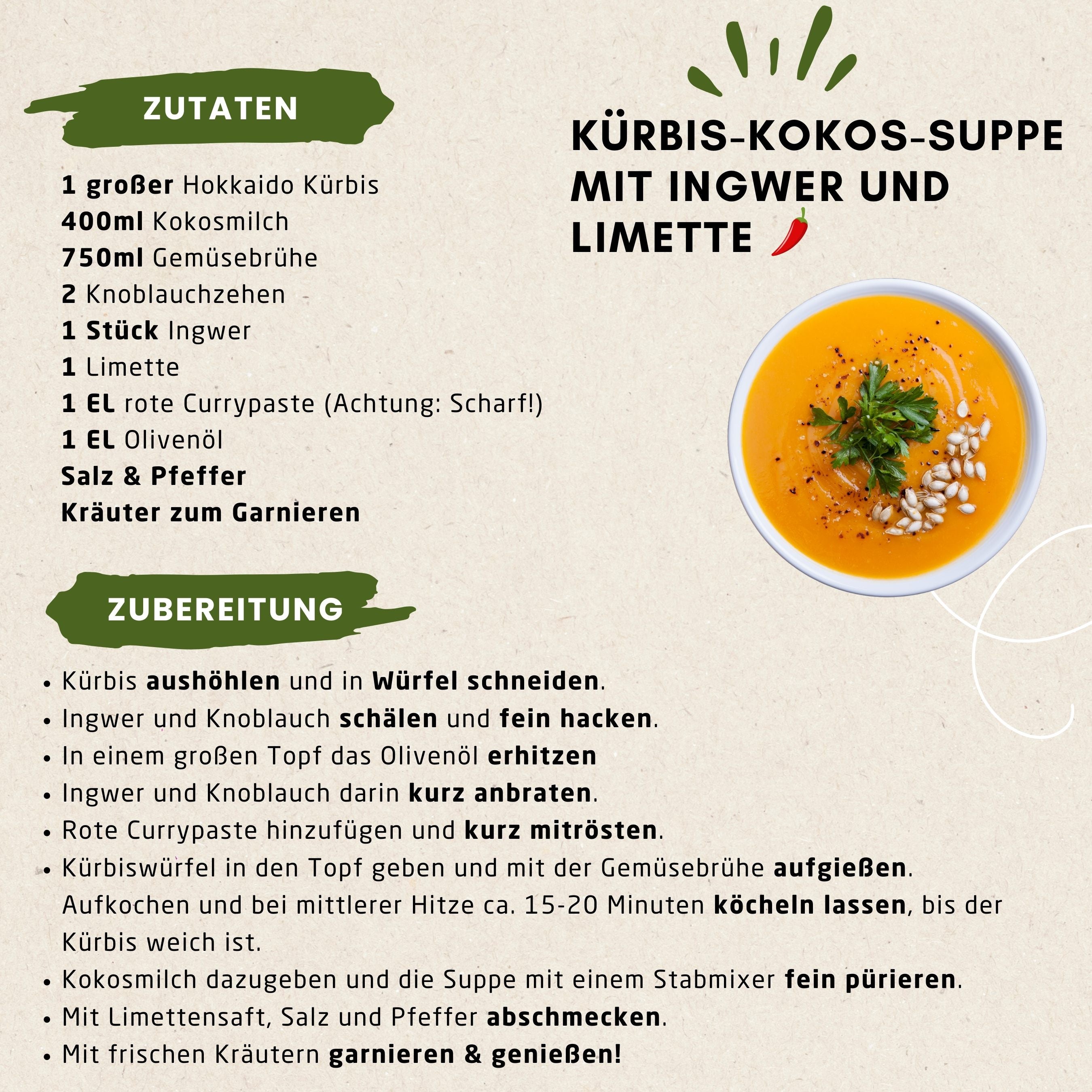 Kürbis-Kokos-Suppe mit Ingwer und Limette