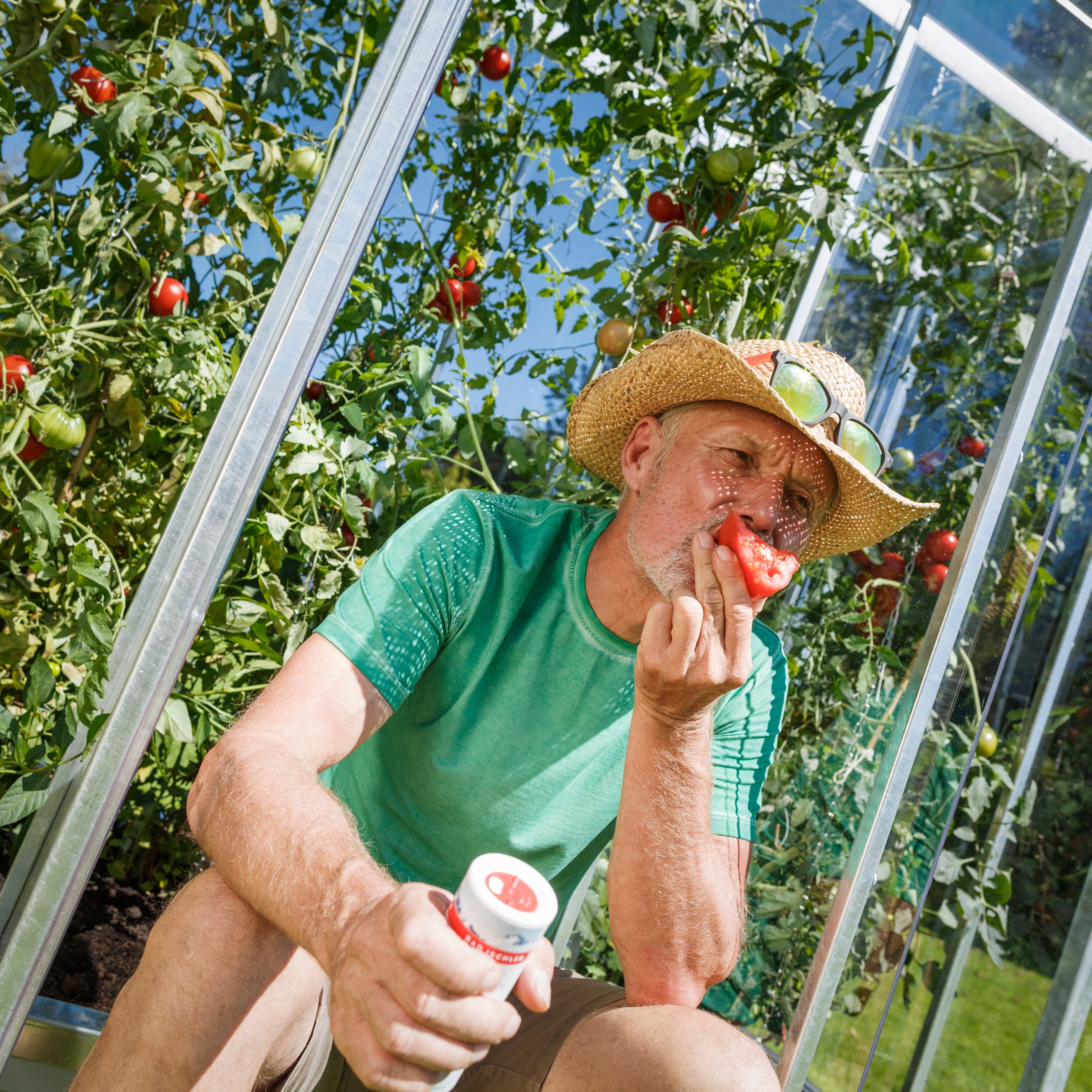 Mann mit Hut sitzt am Tomatenhaus und isst eine Tomate