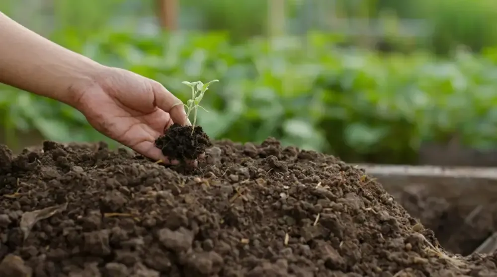 Hand setzt einen jungen Setzling in lockere Gartenerde