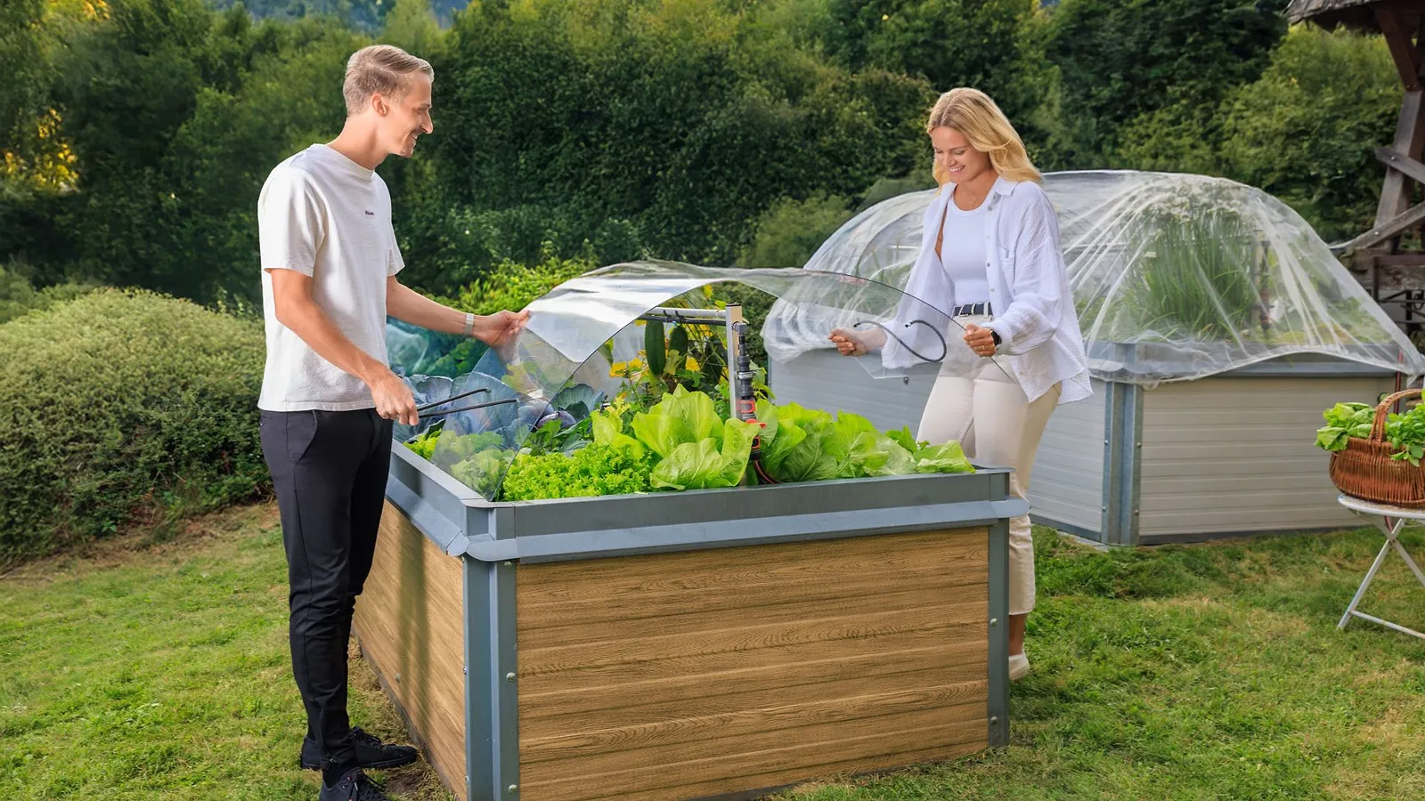 Hochbeet in Holzoptik mit transparenter Frühbeet-Abdeckung, dahinter ein Beet mit Insektenschutznetz