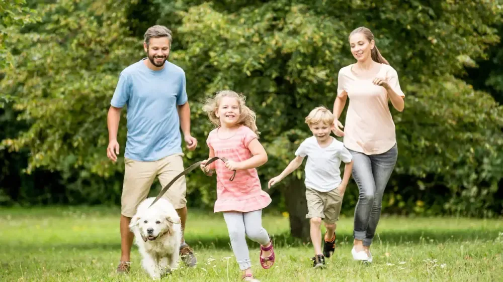 Familie mit Kindern und Hund spaziert über eine Wiese