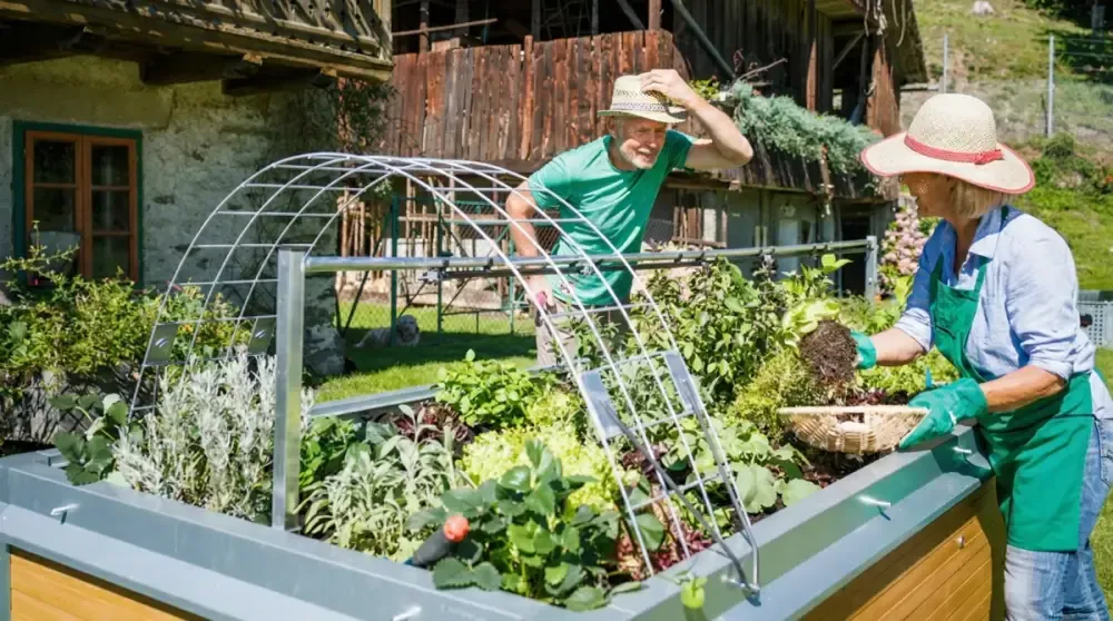 Seniorenpaar bei der Gartenarbeit am Hochbeet vor einem Bauernhaus