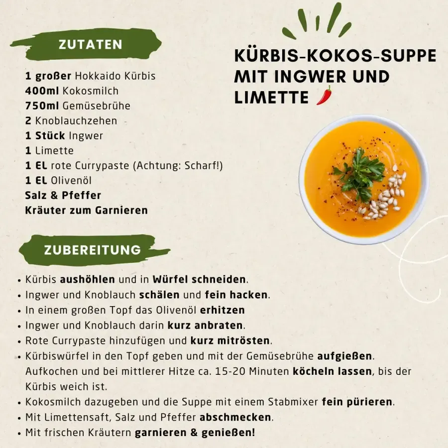 Rezept: Kürbis-Kokos-Suppe mit Ingwer und Limette